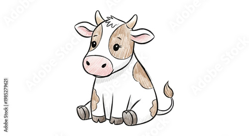 Cute cartoon cow sitting, white background, illustration