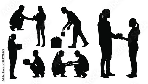 A collection of black silhouette figures depicting various interactions like giving receiving and helping high quality