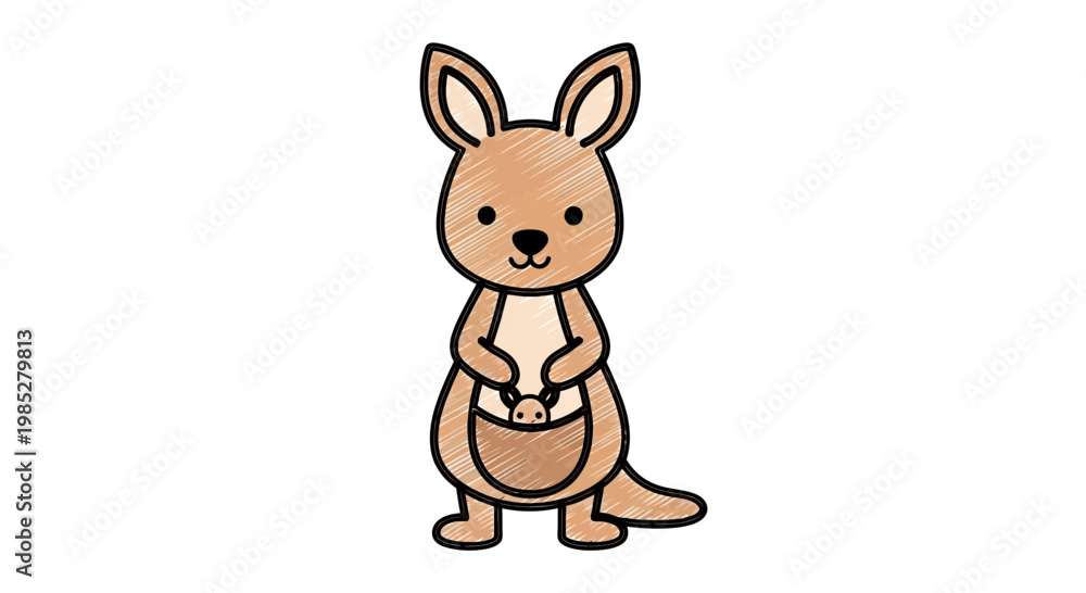 Fototapeta premium Cute cartoon kangaroo with joey in pouch, isolated on white background