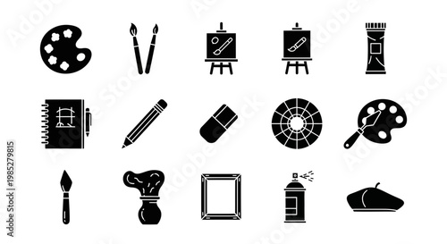 Black silhouette icons of various art and drawing supplies arranged in three rows