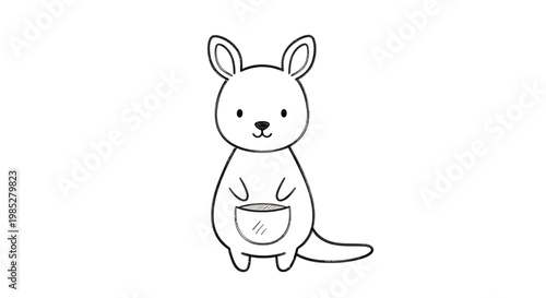 Cute cartoon kangaroo illustration, simple line drawing, white background