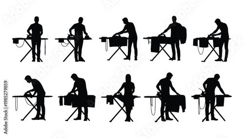 A collection of silhouettes depicting people ironing clothes on various ironing boards high quality professional detailed