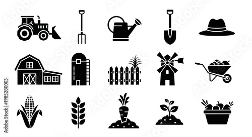Black silhouette icons representing farming equipment buildings and produce
