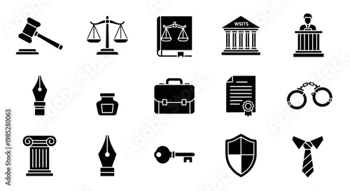 Collection of fifteen black silhouette icons related to law and justice