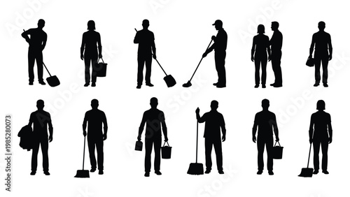 A collection of black silhouette figures depicting people performing various cleaning and manual labor tasks