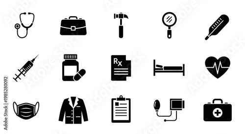 Fifteen black medical icons arranged in three rows of five on a white background