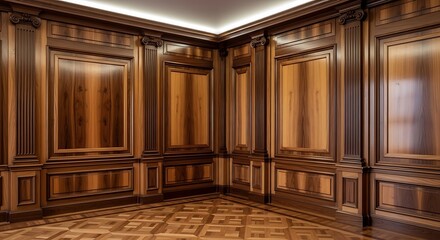 Interior corner with detailed wooden wall panels, columns, and a parquet floor