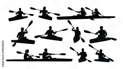 Silhouettes of multiple kayakers paddling in various positions showcasing the sport and outdoor activity high quality