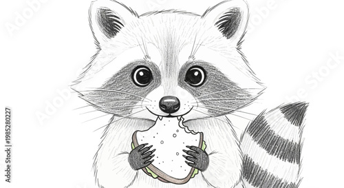 Cute raccoon eating a sandwich, pencil sketch illustration