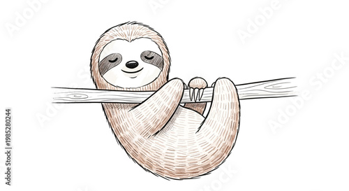 Cute sloth hanging on a branch, hand-drawn illustration