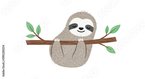 Cute sloth hanging on a tree branch, illustration