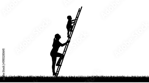 Silhouette of a man helping a child climb a ladder in a minimalist style with a hopeful mood