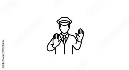 Simple line drawing of a police officer directing traffic with a stop gesture