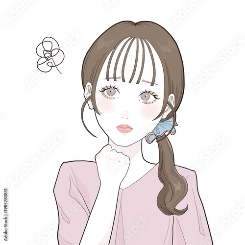 悩み事があり困った表情でこちらを見つめる若い女性のスタイリッシュな手書きイラスト素材