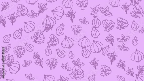 Seamless vegetable doodle pattern animation featuring onion, lettuce and herbs on purple background. Perfect for food design, organic theme, packaging and healthy lifestyle projects.