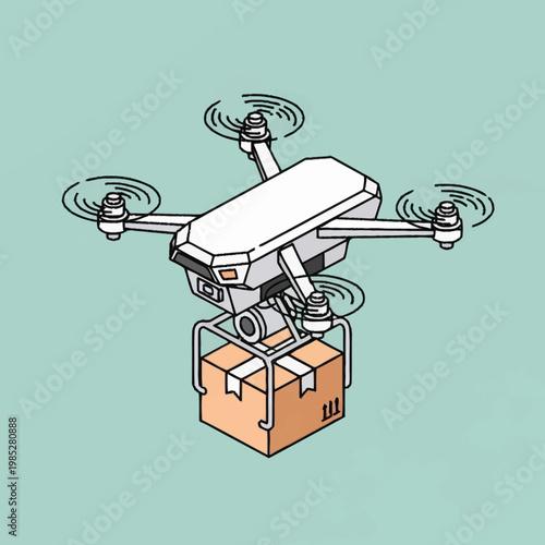 Drone delivering a cardboard package.