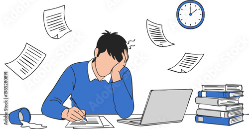 Stressed professional worker feeling overwhelmed while completing heavy paperwork tasks in this creative vector graphic illustration.