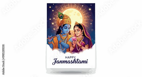 Digital illustration of Krishna and Radha on a Janmashtami greeting card with a moonlit night background and colorful traditional attire.
