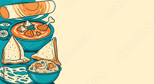 Indian Food Illustration Vector with Chicken Curry, Samosa, Biryani Rice, and Dosa in Modern Line Art Style