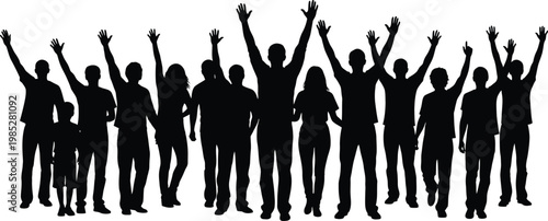 People Silhouettes Celebrating with Raised Arms on White Background