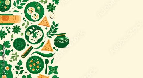 Indian Food Vector Border with Idli, Samosa, Dosa, and Spices on Cream Background