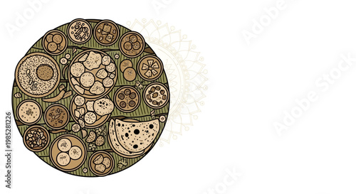 Traditional Indian Thali Vector Illustration with Various Curries, Rice, and Roti on Banana Leaf