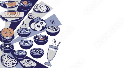 South Indian Food Vector Illustration with Dosa, Idli, and Vada in Two-Tone Line Art Style.
