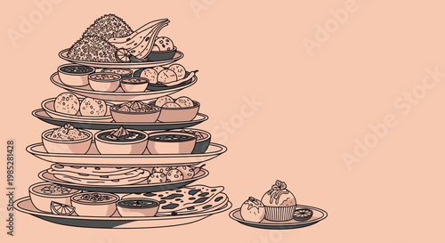 Stacked Indian Food Plates Vector Illustration with Biryani Curry and Naan in Line Art Style