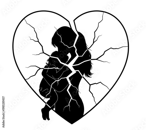 Melancholic Minimalist illustration of a couple in a broken heart