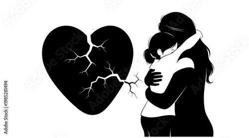 Melancholic Minimalist illustration of woman hugging child with broken heart