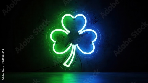 Vibrant neon shamrock sign glowing green and blue against a dark textured wall background