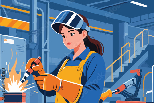 Illustration Of A Woman Welding With Complete Safety Equipment Vector Design Template