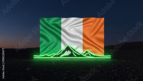 Vibrant Irish flag with luminous mountain outlines creating a modern national landscape