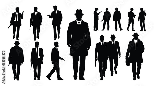 A collection of silhouetted figures depicting men in suits and hats some holding weapons high quality