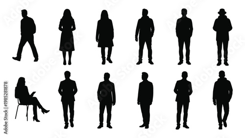 A collection of black silhouettes depicting diverse people in various standing and seated poses high quality