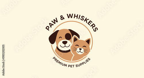 Flat vector logo design of a dog and cat for pet store called Paw & Whiskers