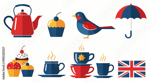 UK themed flat icons depict a kettle, bird, umbrella, cupcakes, and tea cups.