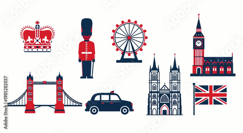 British heritage icons showcase UK landmarks and culture in flat design style