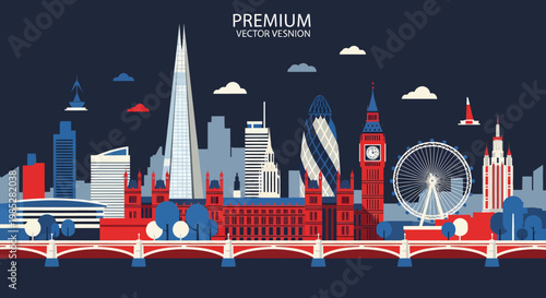 Illustration of a British landmark featuring a cityscape with iconic buildings at night