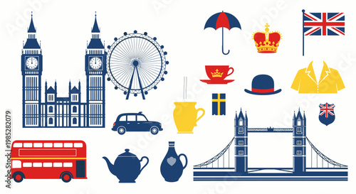 Vibrant British travel icons showcase London landmarks and culture in a flat vector collection.