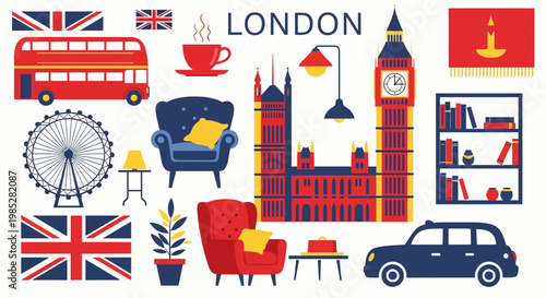 London Lifestyle Flat Vector Illustration with Iconic Landmarks and Daily Life Elements
