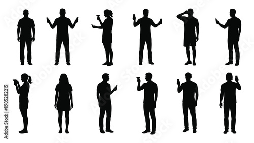 A collection of twelve black silhouettes depicting people in various poses often holding phones high quality