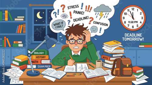 Stressed Male Student Studying Late at Night for Exam Deadline, Academic Pressure and Anxiety Illustration