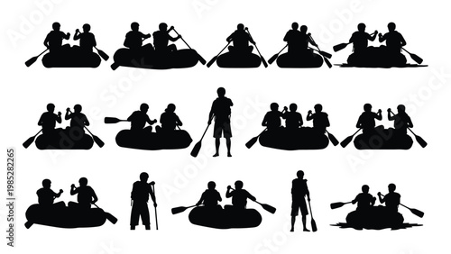 Silhouettes of people rafting and paddling in inflatable boats depicting outdoor recreational activities high quality professional