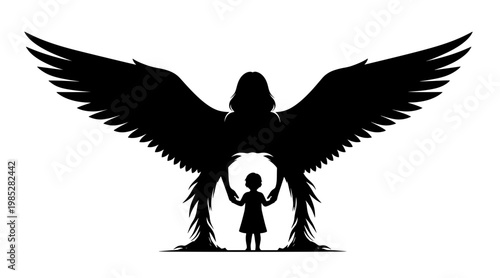 Minimalist illustration of a girl protected by angel wings