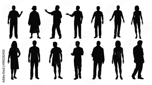 A collection of black silhouettes depicting a diverse group of people in various poses and clothing