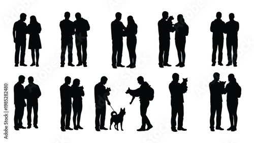 A collection of black silhouette figures depicting various pairs and small groups of people high quality