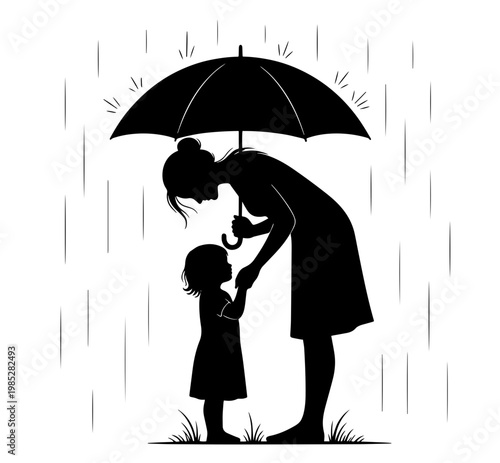Silhouette of Mother and Child under Umbrella on Rainy Day Minimalist