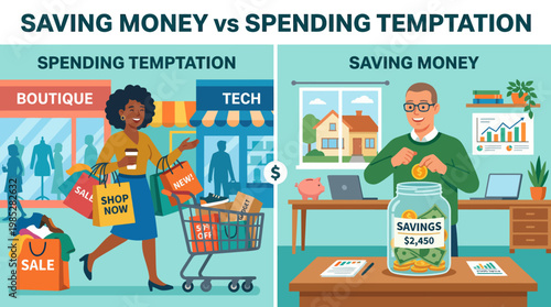 Saving Money vs Spending Temptation Illustration Comparing Personal Finance Habits Budgeting Goals Shopping Consumerism and Wealth Building