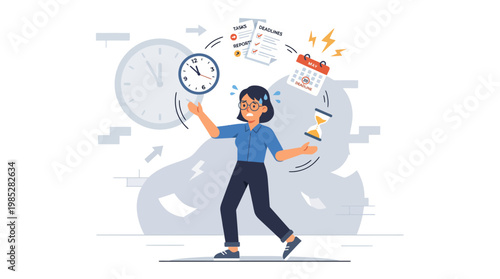 Stressed Businesswoman Juggling Tasks and Deadlines Illustration, Time Management and Workload Pressure Concept
